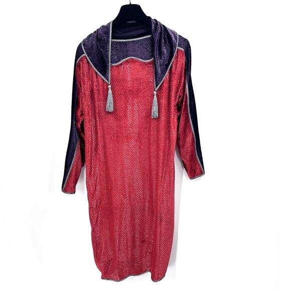Vintage Bespoke Union Made Custom Red Purple Velvet Midi Dress & Scarf - Picture 1 of 10